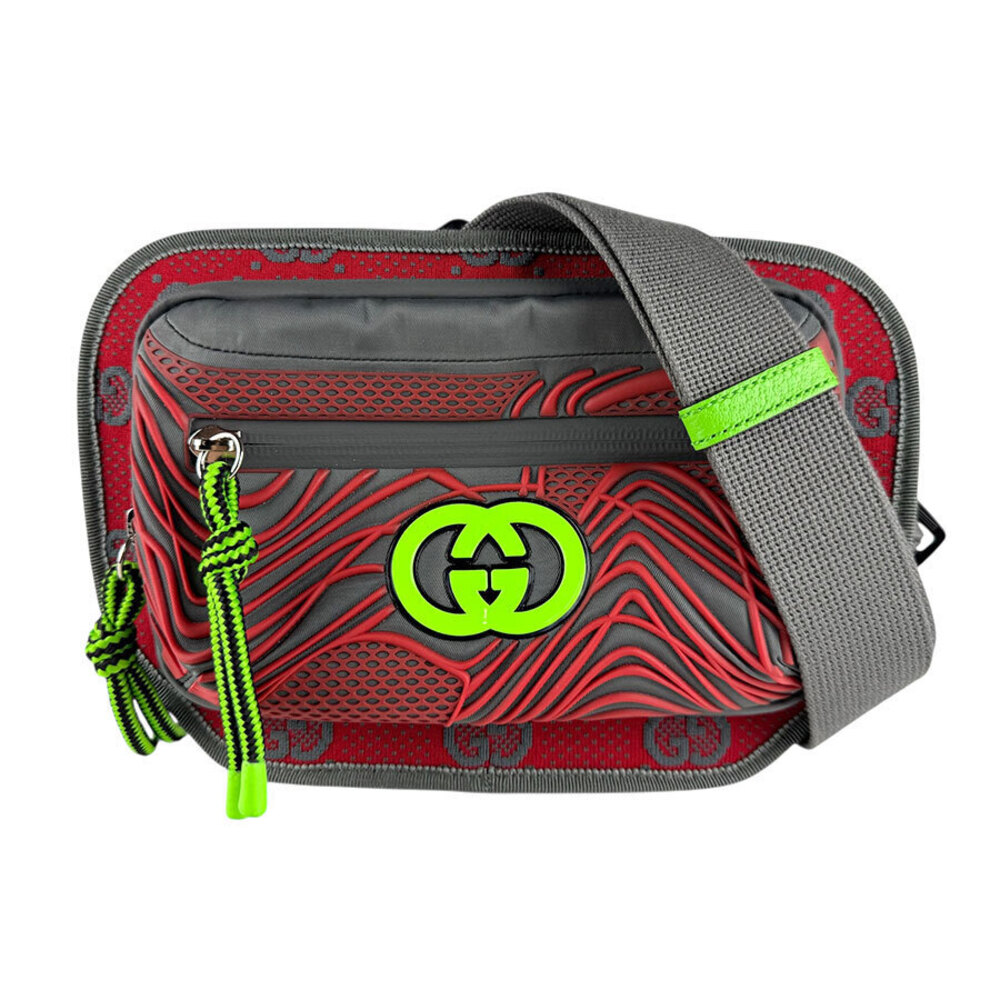 Gucci Waist Bag Body Interlocking Neon Leather Red Green